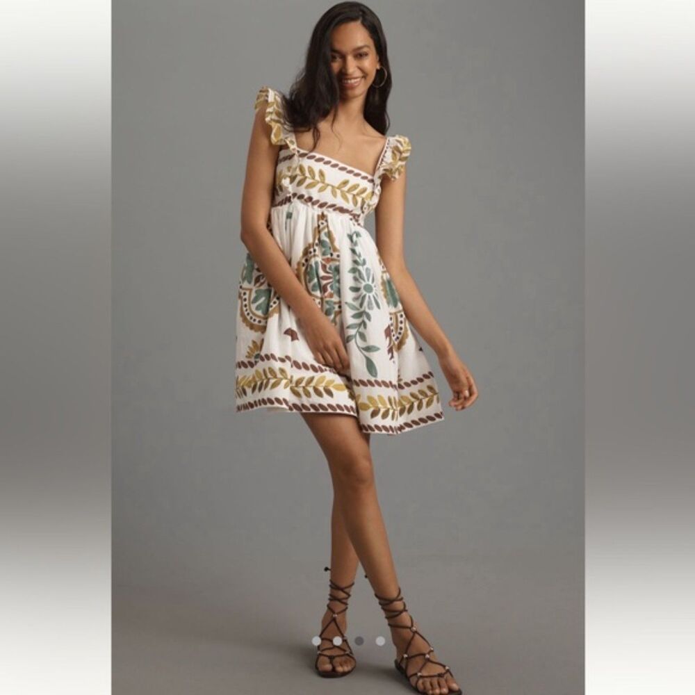 Anthropologie Botanical Print Cotton Flutter Strap Dress Size M